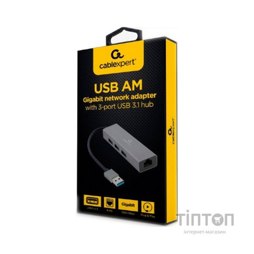 Адаптер USB-A to Gigabit Ethernet, 3 Ports USB 3.1 Gen1 Cablexpert (A-AMU3-LAN-01)