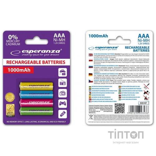 Акумулятор Esperanza AAA 1000mAh Ni-MH * 4 mix of colors (EZA107)