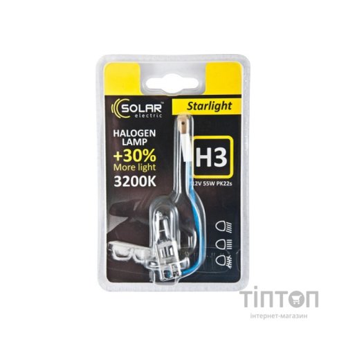 Автолампа SOLAR H3 12V 55W PK22s Starlight+30 (1203)