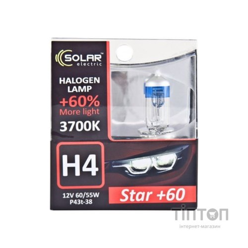 Автолампа SOLAR H4 12V 60/55W P43t-38 Starlight + 60, (1234S2)