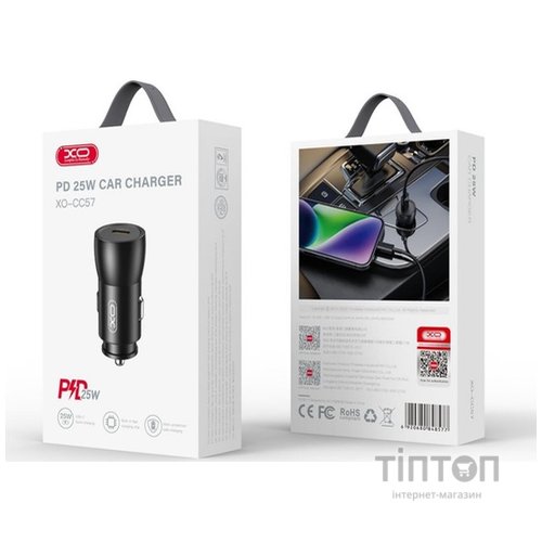 Автомобільний зарядний пристрій XO CC57 25W Metal Car Charger Type-C PD Black