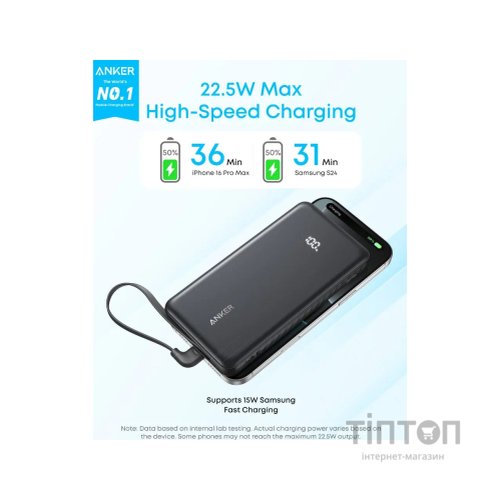 Батарея універсальна Anker 10000mAh, 22.5W, Built-In USB-C Cable, black (A110DH11)