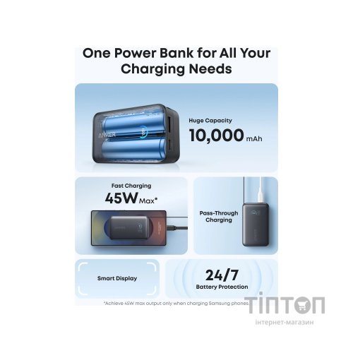 Батарея універсальна Anker 10000mAh Nano 45W Built-In USB-C Cable Black (A1638H11)