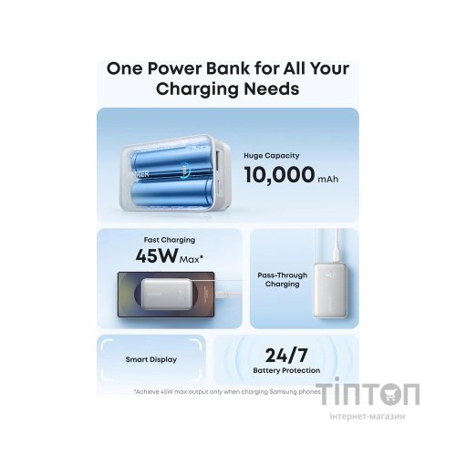 Батарея універсальна Anker 10000mAh Nano 45W, Built-In USB-C Cable, White (A1638H21)