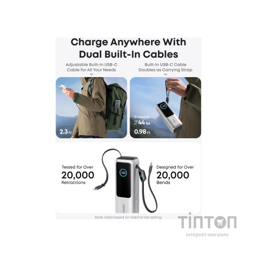 Батарея універсальна Anker 25000mAh, 165W, PD/3/0, QC/3/0, Built-In Double USB-C Cables, silver (A1695H41)