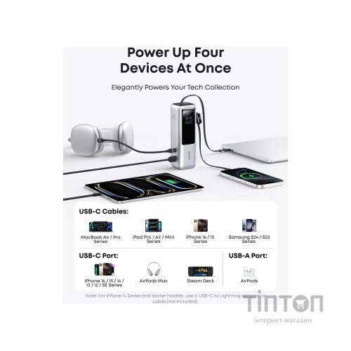 Батарея універсальна Anker 25000mAh, 165W, PD/3/0, QC/3/0, Built-In Double USB-C Cables, silver (A1695H41)