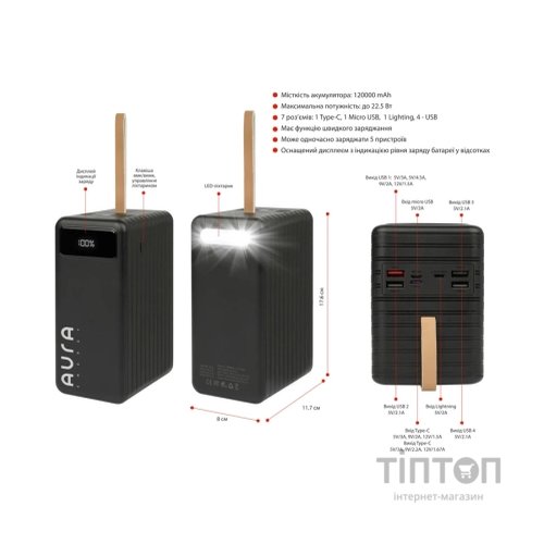 Батарея універсальна AURA NRG-P120 120000mAh 22.5W Black (PBANRG-P120B)