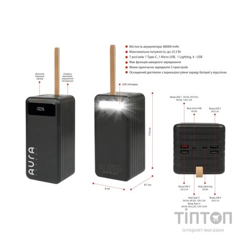 Батарея універсальна AURA NRG-P80 80000mAh 22.5W Black (PBANRG-P80B)