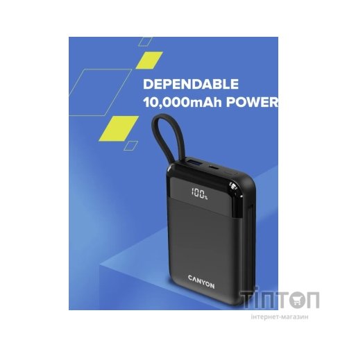 Батарея універсальна Canyon 10000mAh OnPower 104 PD/20W, QC/22.5W built-in cable Black (CNS-CPB104B)