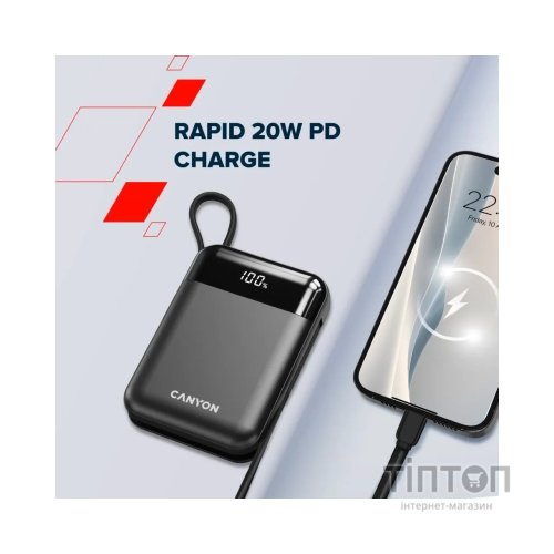 Батарея універсальна Canyon 10000mAh OnPower 104 PD/20W, QC/22.5W built-in cable Black (CNS-CPB104B)