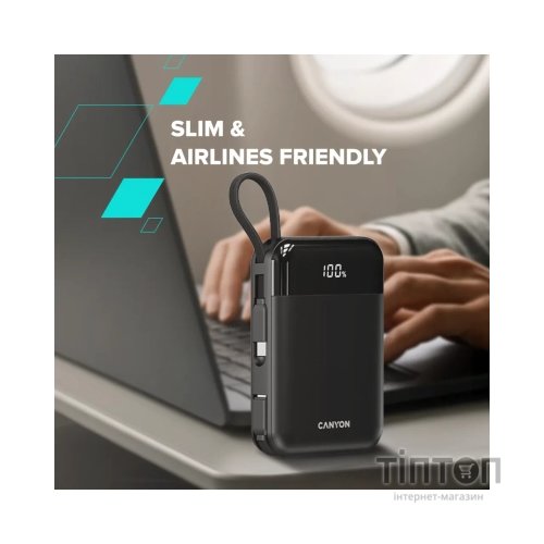 Батарея універсальна Canyon 10000mAh OnPower 104 PD/20W, QC/22.5W built-in cable Black (CNS-CPB104B)