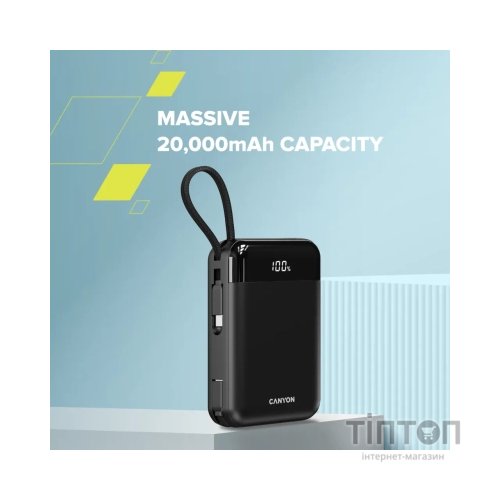 Батарея універсальна Canyon 20000mAh OnPower 204 PD/20W Built-in Lightning Cable (CNS-CPB204B)
