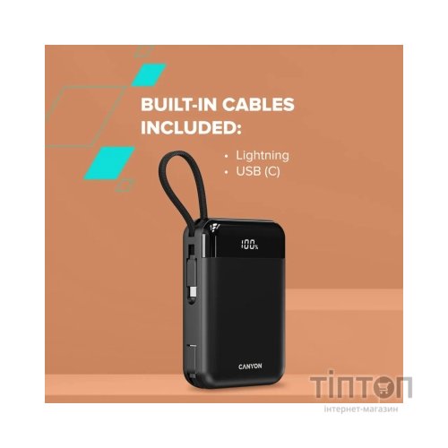 Батарея універсальна Canyon 20000mAh OnPower 204 PD/20W Built-in Lightning Cable (CNS-CPB204B)