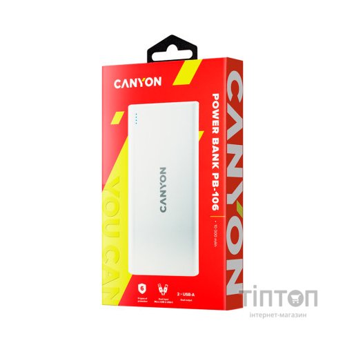 Батарея універсальна Canyon PB-106 10000mAh Input 5V/2A, Output 5V/2.1A(Max) (CNE-CPB1006W)
