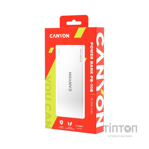 Батарея універсальна Canyon PB-108 10000mAh, Input 5V/2A, Output 5V/2.1A(Max), white (CNE-CPB1008W)