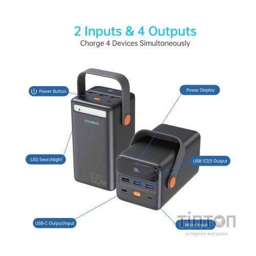 Батарея універсальна Choetech 50000mAh, PD/3.0/65W, QC/3.0/18W, USB-C, 3*USB-A, mirco USB, LED Light (B664-CCBE)