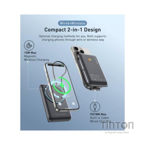 Батарея універсальна Choetech Magnetic Wireless 10000mAh 20W, PD, Qi-15W, USB-C In/Out, build-in cabel, Black (B735-CCBK)