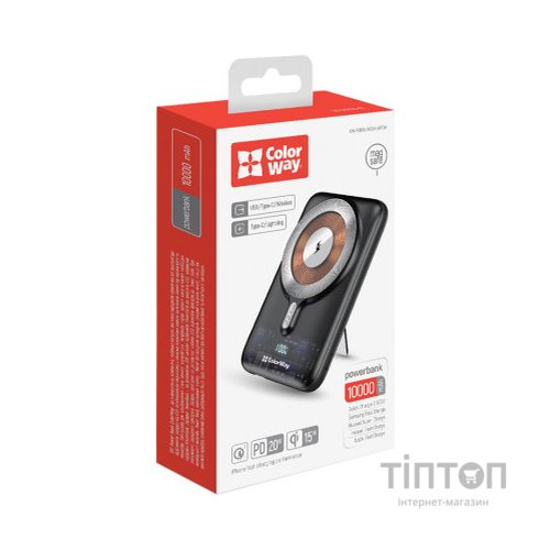 Батарея універсальна ColorWay 10 000 mAh 15W MagSafe (USB QC3.0 + USB-C PD 22.5W) (CW-PB100LPA3BK-WPDD)