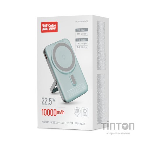 Батарея універсальна ColorWay 10 000 mAh PD/22.5W, 15W MagSafe & Watch Wireless Aquamarine (CW-PB100LPA2MT-WPDD)