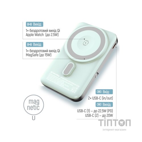 Батарея універсальна ColorWay 10 000 mAh PD/22.5W, 15W MagSafe & Watch Wireless Aquamarine (CW-PB100LPA2MT-WPDD)