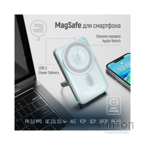 Батарея універсальна ColorWay 10 000 mAh PD/22.5W, 15W MagSafe & Watch Wireless Aquamarine (CW-PB100LPA2MT-WPDD)
