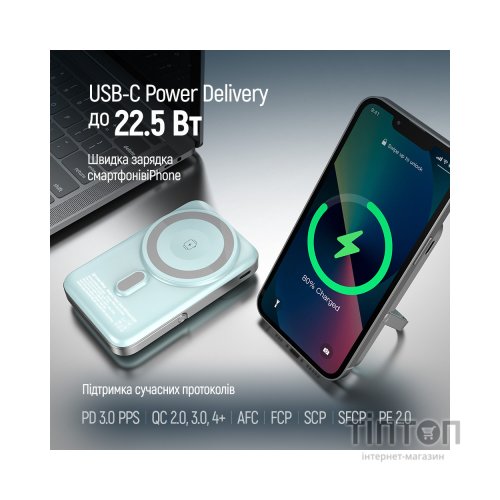 Батарея універсальна ColorWay 10 000 mAh PD/22.5W, 15W MagSafe & Watch Wireless Aquamarine (CW-PB100LPA2MT-WPDD)