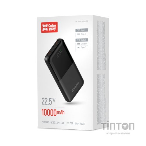 Батарея універсальна ColorWay 10 000 mAh PD/22.5W, QC/3.0, LCD, Black (CW-PB100LPB3BK-PDD)