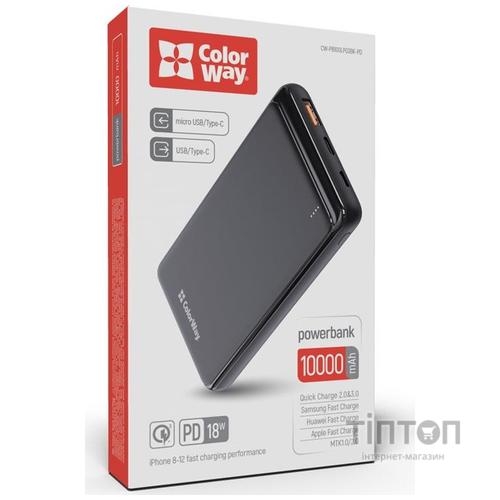 Батарея універсальна ColorWay 10 000 mAh Slim (USB QC3.0 + USB-C Power Delivery 18W) Black (CW-PB100LPG3BK-PD)