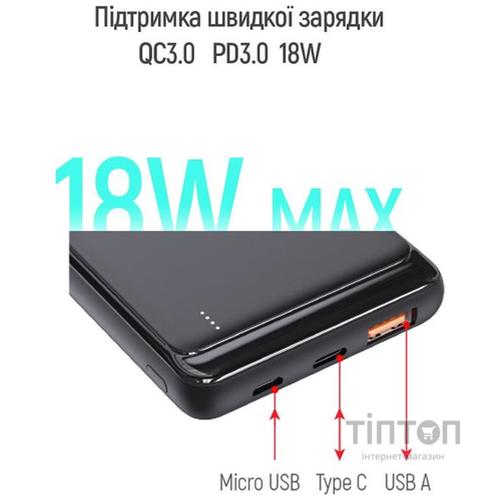 Батарея універсальна ColorWay 10 000 mAh Slim (USB QC3.0 + USB-C Power Delivery 18W) Black (CW-PB100LPG3BK-PD)