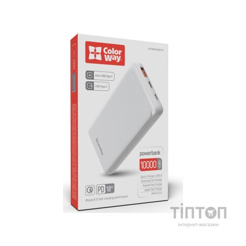 Батарея універсальна ColorWay 10 000 mAh Slim (USB QC3.0 + USB-C Power Delivery 18W) White (CW-PB100LPG3WT-PD)