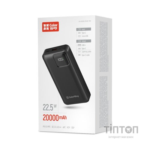 Батарея універсальна ColorWay 20 000 mAh Optimal Power PD/22.5W, QC/3.0, Black (CW-PB200LPB5BK-PDD)