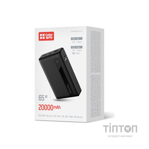 Батарея універсальна ColorWay 20 000 mAh PD/65W, QC/3.0, black (CW-PB200LPA3BK-PDD)