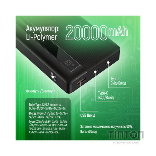 Батарея універсальна ColorWay 20 000 mAh PD/65W, QC/3.0, black (CW-PB200LPA3BK-PDD)
