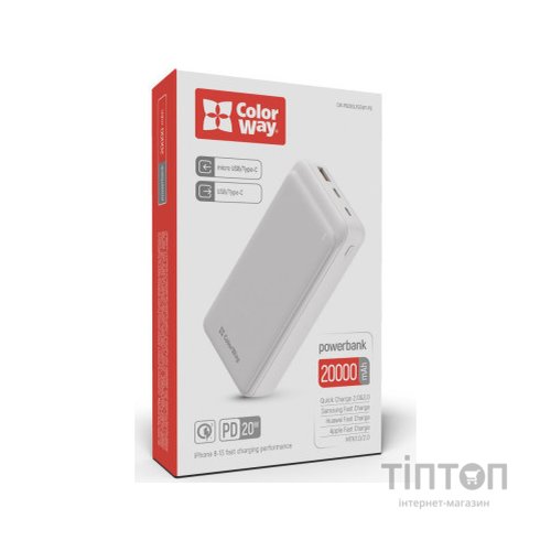 Батарея універсальна ColorWay 20 000 mAh Slim PD/20W, QC/3.0 USB-C/Micro-USB/USB-A White (CW-PB200LPG3WT-PD)