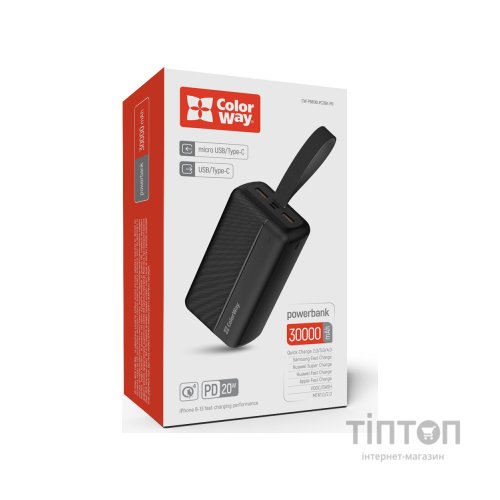 Батарея універсальна ColorWay 30 000 mAh High-power 2 PD/20W, QC/3.0, USB-C/Micro-USB (CW-PB300LPC2BK-PD)