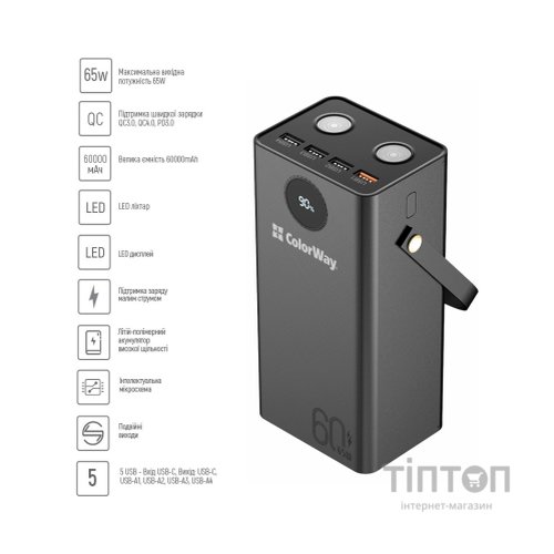 Батарея універсальна ColorWay 60 000 mAh Powerful PD/65W, QC/4.0, AFC, FCP, Black (CW-PB600LPA5BK-PDD)