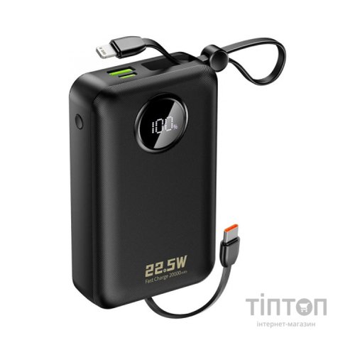Батарея універсальна Dudao 20000mAh K14+ 22.5W, PD, QC, USB-A, USB-C(In/Out), with built-in USB-C/Lightning cables, Black (6977196680016)