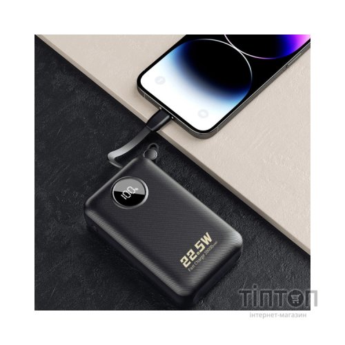 Батарея універсальна Dudao 20000mAh K14+ 22.5W, PD, QC, USB-A, USB-C(In/Out), with built-in USB-C/Lightning cables, Black (6977196680016)