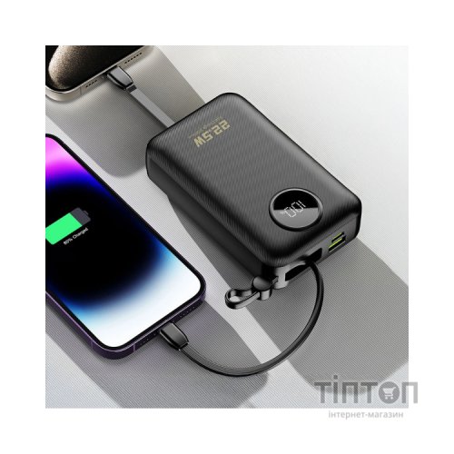 Батарея універсальна Dudao 20000mAh K14+ 22.5W, PD, QC, USB-A, USB-C(In/Out), with built-in USB-C/Lightning cables, Black (6977196680016)