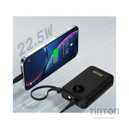 Батарея універсальна Dudao 20000mAh K14+ 22.5W, PD, QC, USB-A, USB-C(In/Out), with built-in USB-C/Lightning cables, Black (6977196680016)