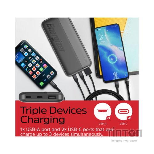 Батарея універсальна Energizer 10000mAh 15W, USB-А, 2*USB-C, Black (UE10050CC)