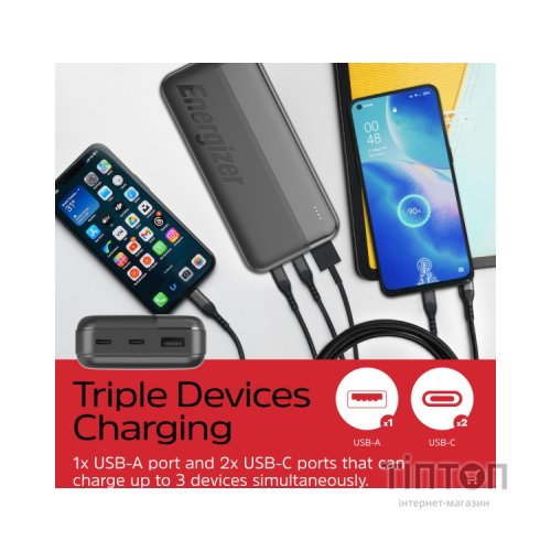 Батарея універсальна Energizer 20000mAh 15W, USB-А, 2*USB-C, Black (UE20050CC)