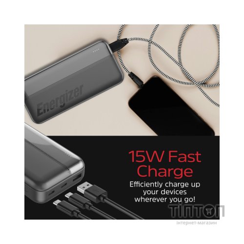 Батарея універсальна Energizer 20000mAh 15W, USB-А, 2*USB-C, Black (UE20050CC)