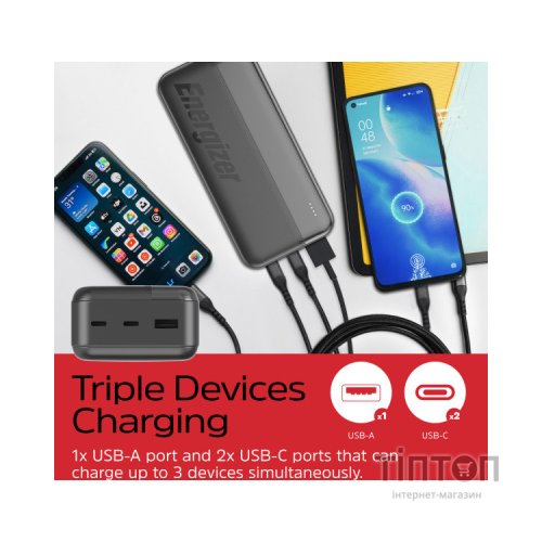 Батарея універсальна Energizer 30000mAh 15W 3A, USB-А, 2хUSB-C Black (UE30050CC)