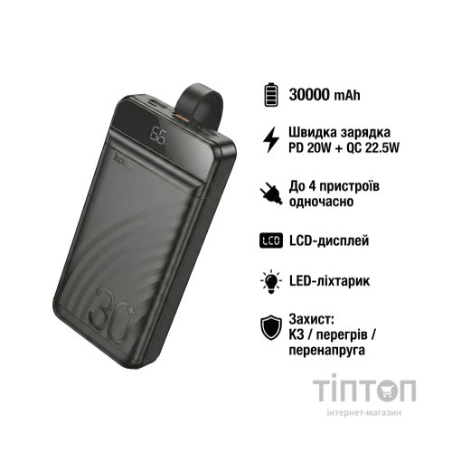 Батарея універсальна HOCO 30000mAh Element PD/20W, QC/22.5W, LED Lamp, Black (J123B / 714735)