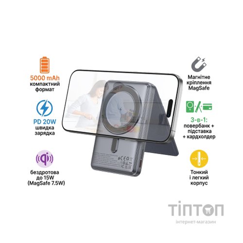 Батарея універсальна HOCO 5000mAh Title PD/20W Magnetic with stand + mini wallet Grey (Q46 / 714988)