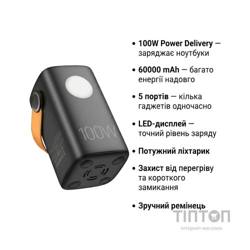 Батарея універсальна HOCO 60000mAh Astrum PD/100W, QC/3.0, LED lamp, Black (DB160 / 714724)