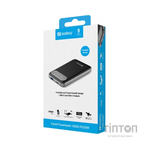 Батарея універсальна Sandberg 10000mAh Travel PD/20W, QC/3.0/22.5W, USB-A, USB-C, LCD Display (421-16)