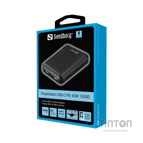 Батарея універсальна Sandberg 15000mAh, PD/45W(20V/2.25A), QC3.0, USB-C, Micro-USB, USB-A*2 (420-66)