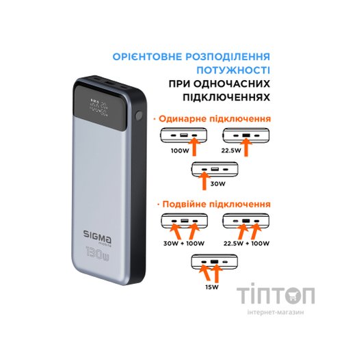 Батарея універсальна Sigma X-power SI30A7QLX 30000mAh, PD/130W, LED, cable 100w, silver (4827798479117)